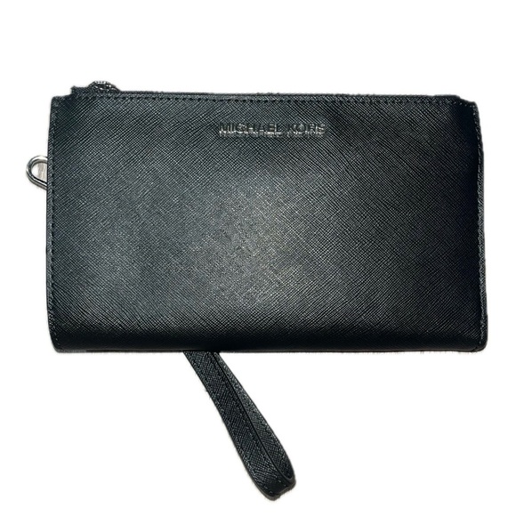 Michael Kors Black Leather Jet Set Double Zip Wallet Wristlet Silver-Tone Accent - Picture 3 of 13